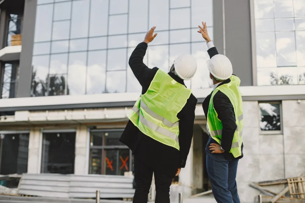 Equipo de una empresa constructora en Madrid revisando un edificio