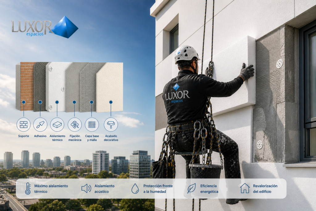 Empresa de rehabilitación y reparación de fachadas en Madrid – Instalación de sistema SATE en fachada por Luxor Espacios para